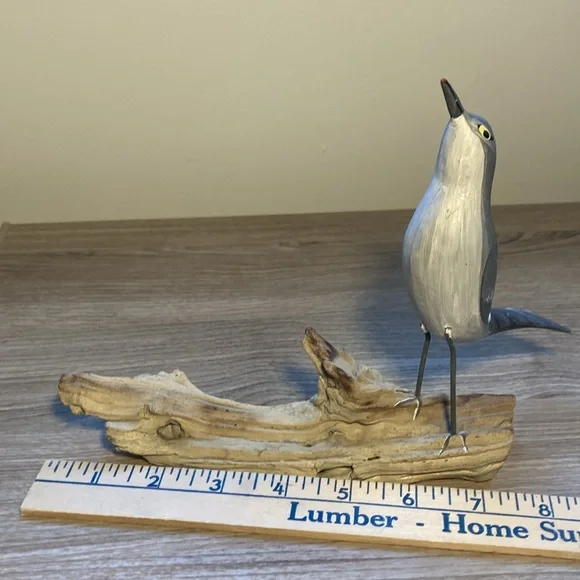 Sculpture cat Bird Figurine on Driftwood hand painted